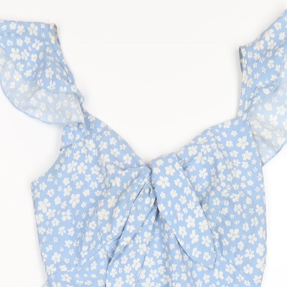 QED London Womens Blue Floral Polyester A-Line Size 6 V-Neck Zip