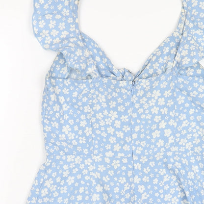 QED London Womens Blue Floral Polyester A-Line Size 6 V-Neck Zip