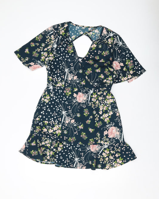 Band of Gypsies Womens Blue Floral Polyester A-Line Size S V-Neck