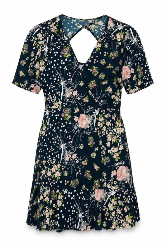 Band of Gypsies Womens Blue Floral Polyester A-Line Size S V-Neck