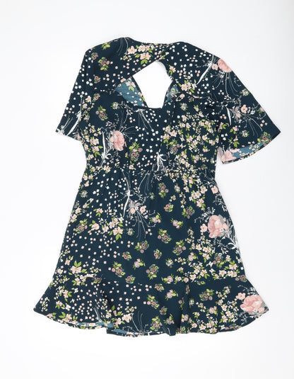 Band of Gypsies Womens Blue Floral Polyester A-Line Size S V-Neck