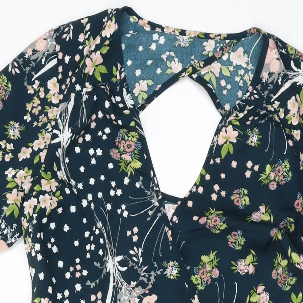 Band of Gypsies Womens Blue Floral Polyester A-Line Size S V-Neck