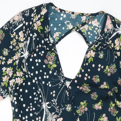 Band of Gypsies Womens Blue Floral Polyester A-Line Size S V-Neck