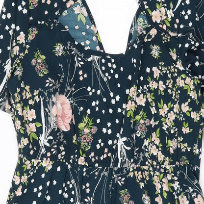 Band of Gypsies Womens Blue Floral Polyester A-Line Size S V-Neck