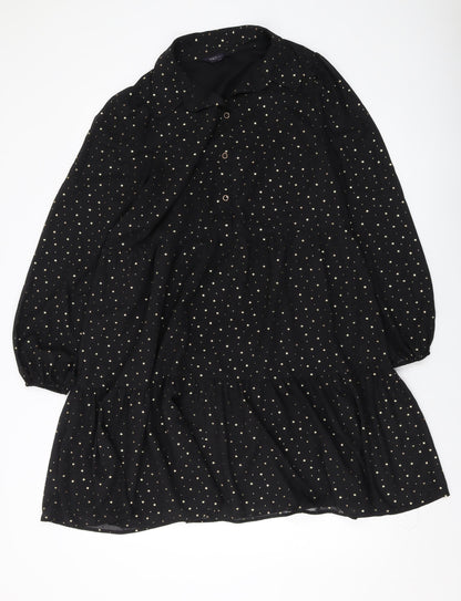 Marks and Spencer Womens Black Geometric Polyester A-Line Size 14 Collared Button