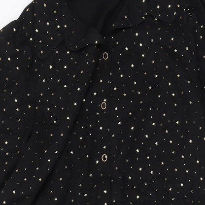 Marks and Spencer Womens Black Geometric Polyester A-Line Size 14 Collared Button
