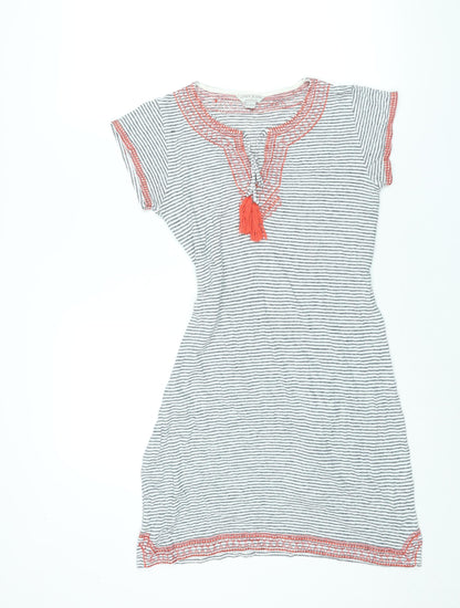 Monsoon Womens White Striped Linen Shift Size 10 V-Neck Pullover - Embroidered Detail Tassle