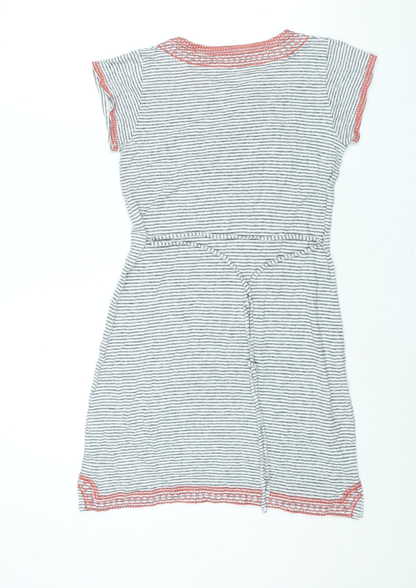 Monsoon Womens White Striped Linen Shift Size 10 V-Neck Pullover - Embroidered Detail Tassle