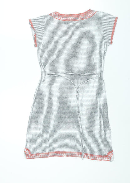 Monsoon Womens White Striped Linen Shift Size 10 V-Neck Pullover - Embroidered Detail Tassle