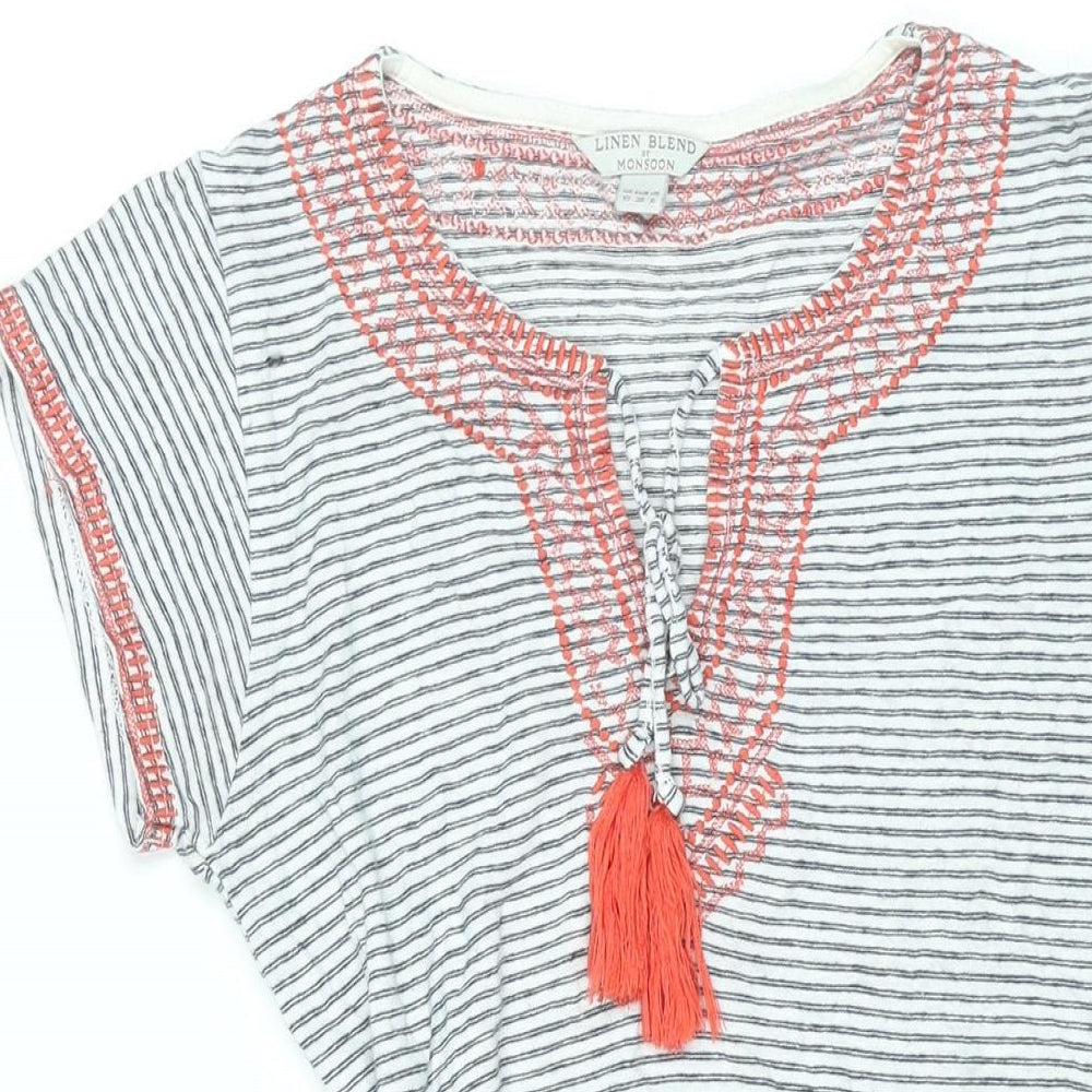 Monsoon Womens White Striped Linen Shift Size 10 V-Neck Pullover - Embroidered Detail Tassle