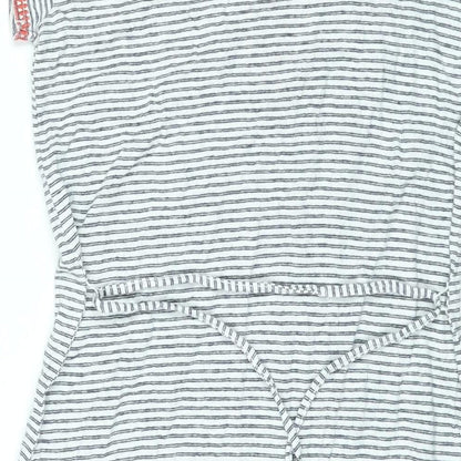 Monsoon Womens White Striped Linen Shift Size 10 V-Neck Pullover - Embroidered Detail Tassle