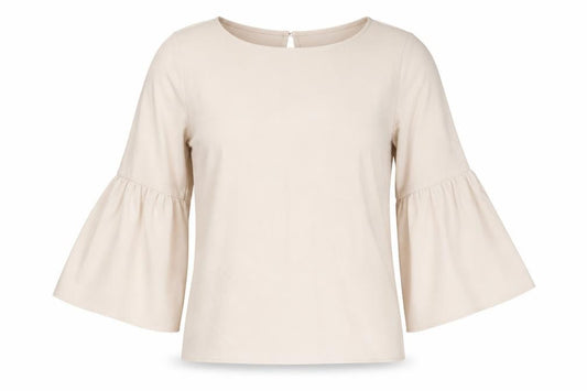 Front view of Red Herring women’s beige polyester basic blouse, size UK 10, round neck - bell sleeve