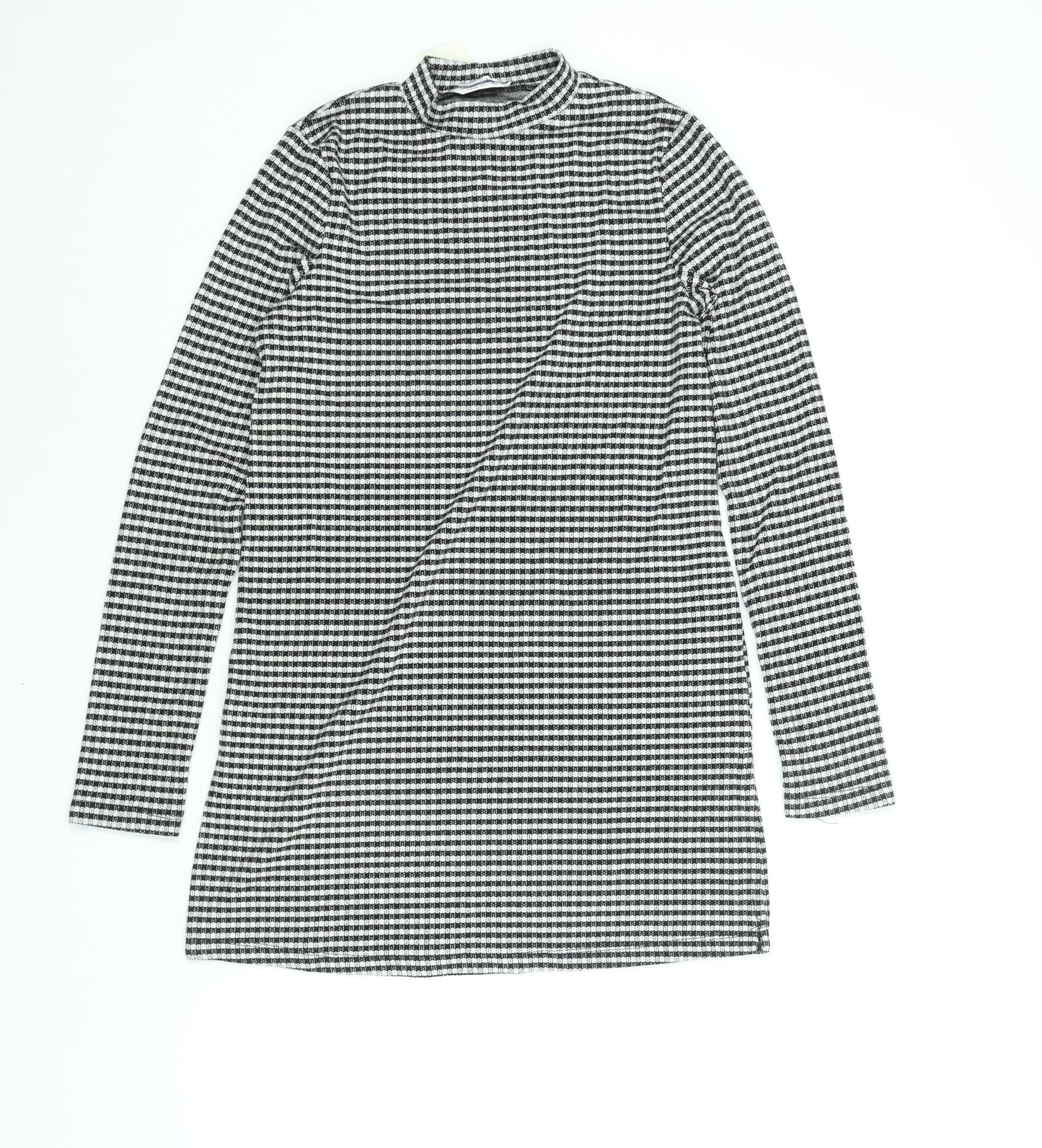 Miss Selfridge Womens Black Check Polyester Tunic Blouse Size 6 Mock Neck - Side Slits