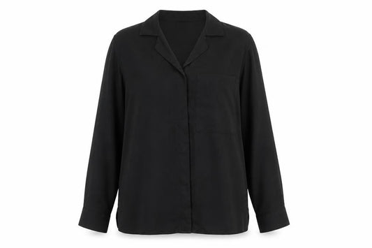 Front view of ASOS women’s black polyester basic button-up, size UK 8, collared