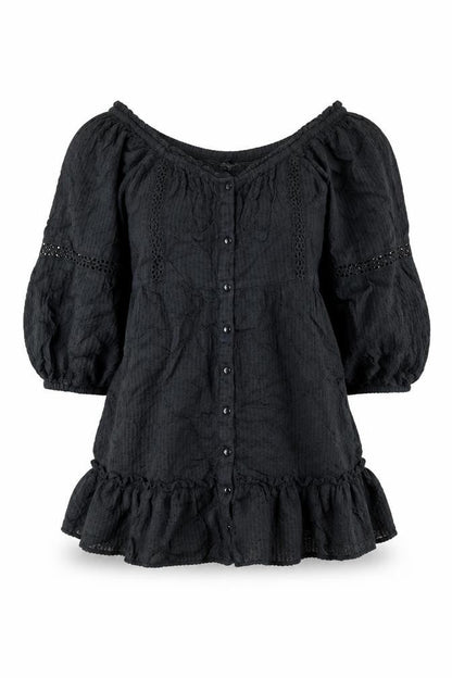 New Look Womens Black Cotton A-Line Size 8 Scoop Neck Button - Smocked