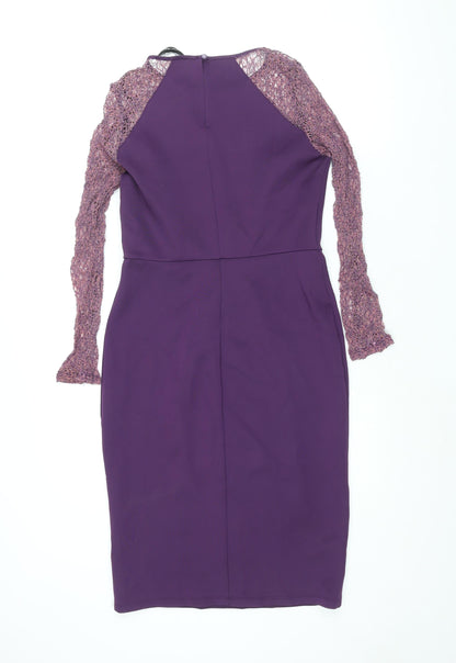 Dorothy Perkins Womens Purple Polyester Bodycon Size 10 Round Neck Button - Lace Sleeve