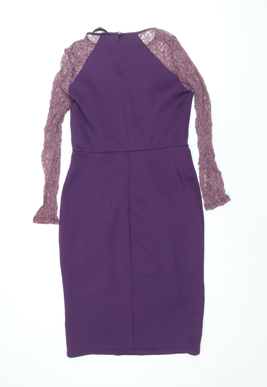 Dorothy Perkins Womens Purple Polyester Bodycon Size 10 Round Neck Button - Lace Sleeve