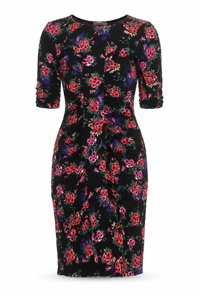 Oasis Womens Black Floral Viscose Bodycon Size M Round Neck Pullover - Rouched