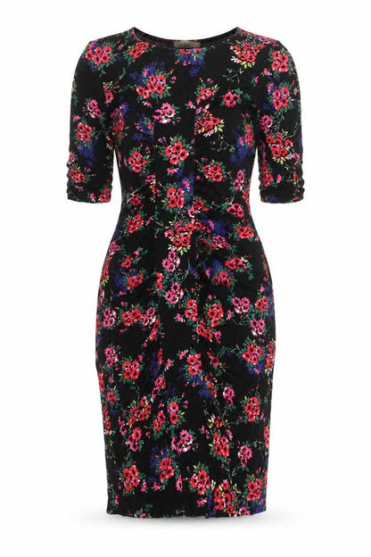 Oasis Womens Black Floral Viscose Bodycon Size M Round Neck Pullover - Rouched