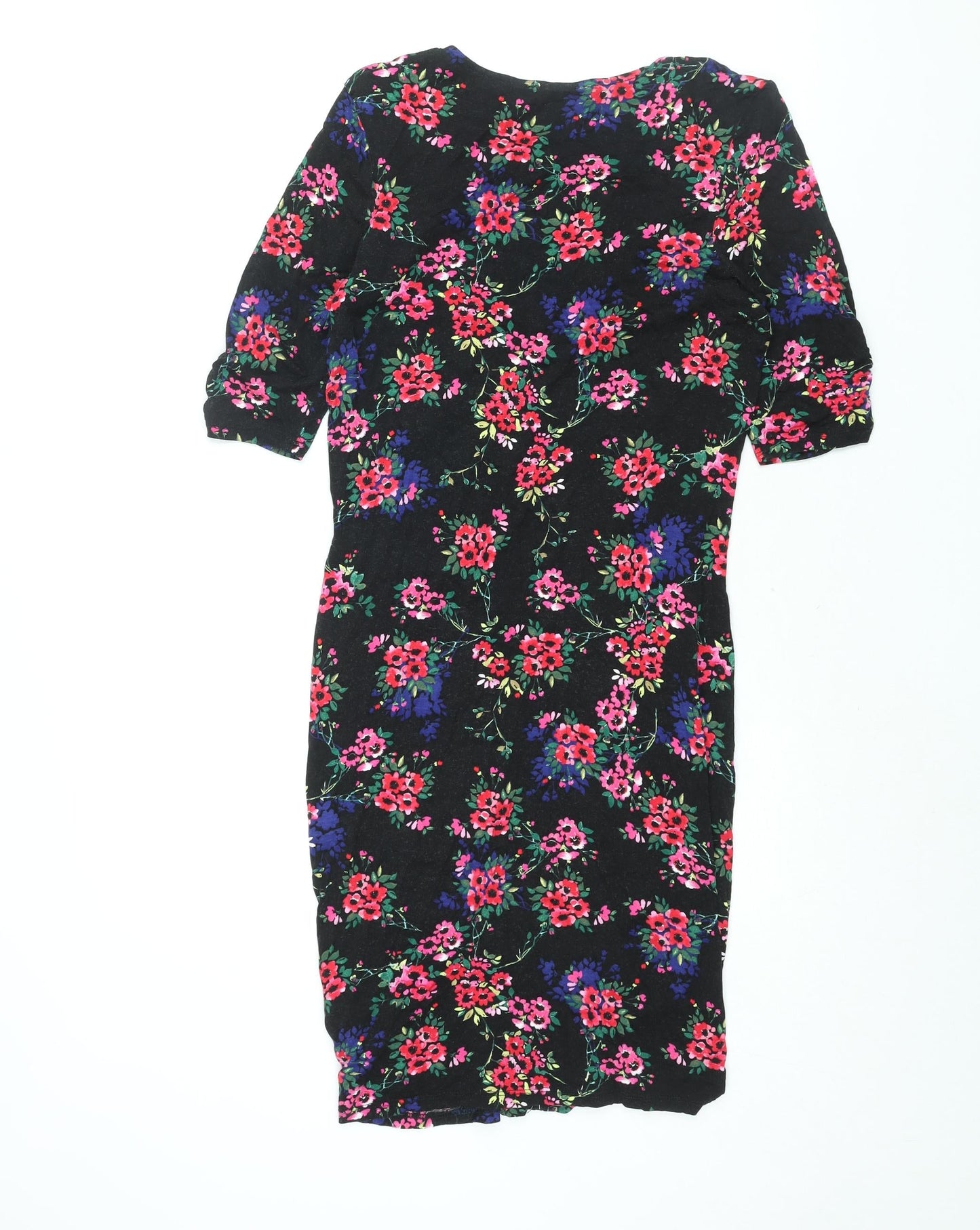 Oasis Womens Black Floral Viscose Bodycon Size M Round Neck Pullover - Rouched