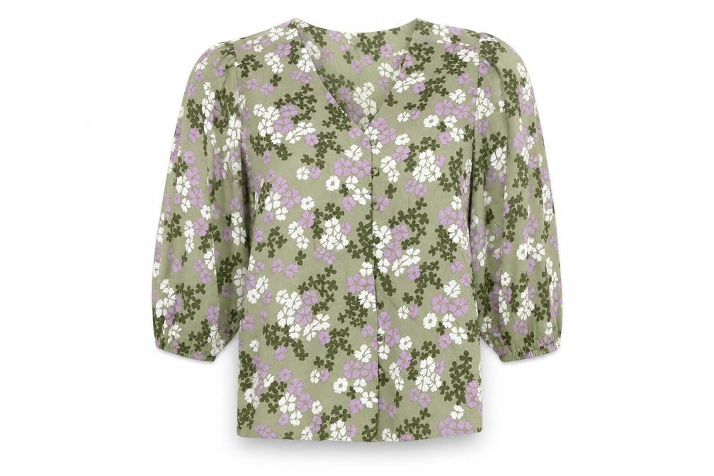 Marks & Spencer Womens Green Floral Polyester Basic Button-Up Size 8 V-Neck