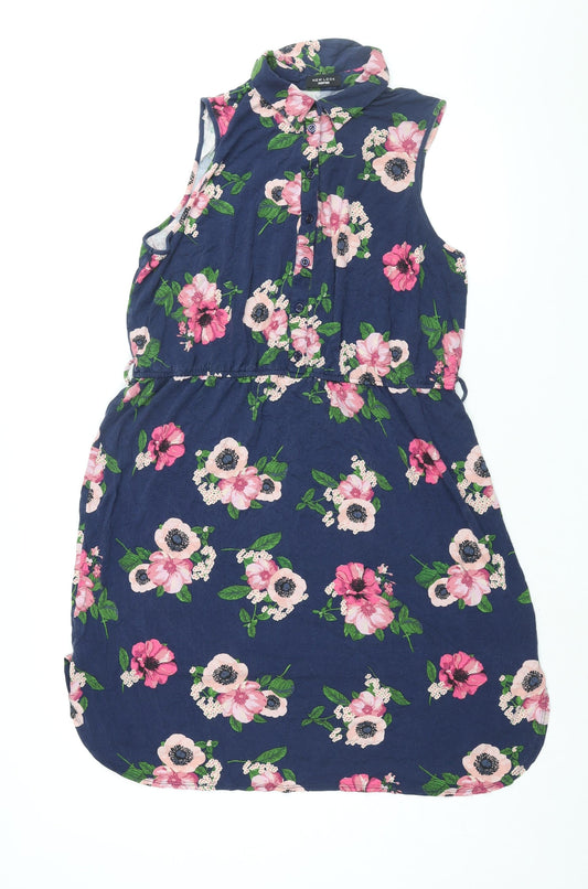 New Look Womens Blue Floral Viscose Shirt Dress Size 18 Collared Button