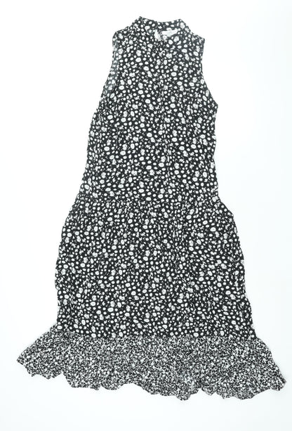 Topshop Womens Black Floral Viscose Shift Size 10 Mock Neck Button - Smocked