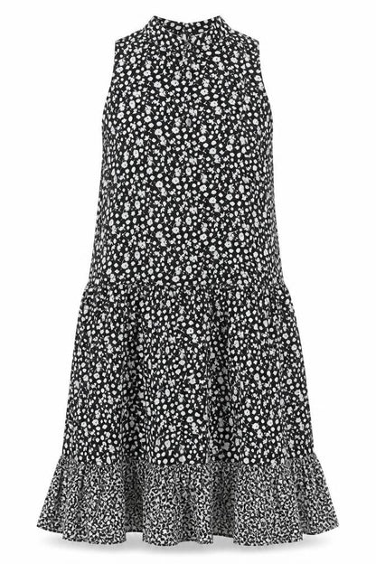 Topshop Womens Black Floral Viscose Shift Size 10 Mock Neck Button - Smocked