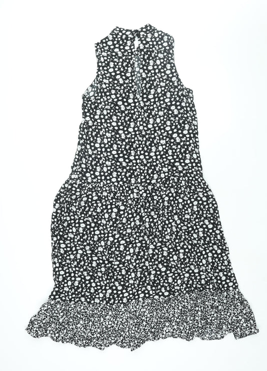 Topshop Womens Black Floral Viscose Shift Size 10 Mock Neck Button - Smocked