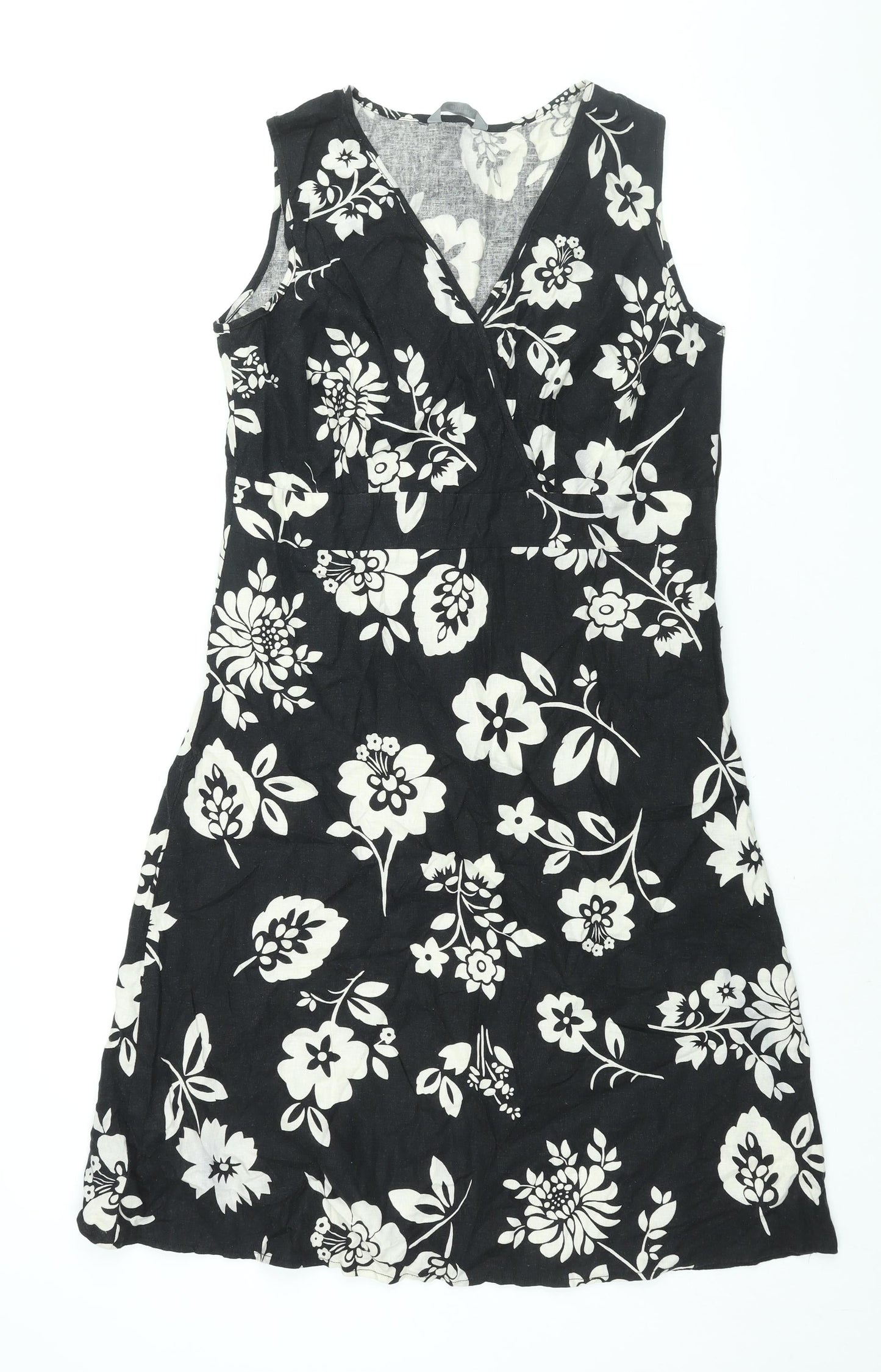 Mia Moda Womens Black Floral Linen Shift Size 14 V-Neck Zip