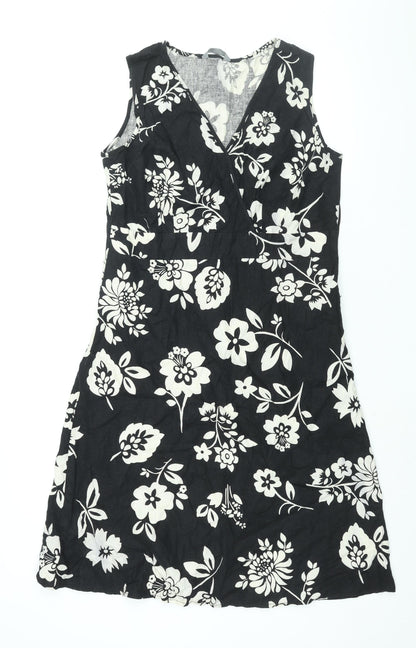 Mia Moda Womens Black Floral Linen Shift Size 14 V-Neck Zip