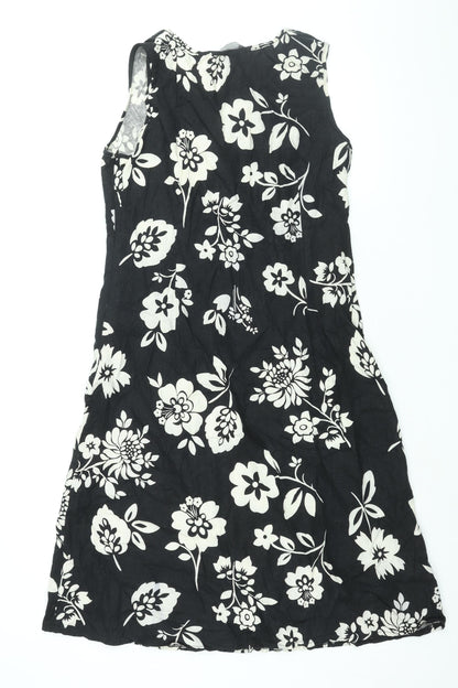 Mia Moda Womens Black Floral Linen Shift Size 14 V-Neck Zip