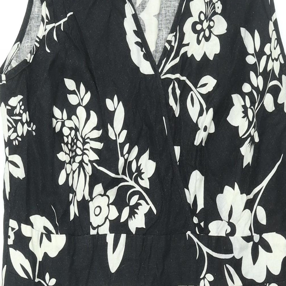 Mia Moda Womens Black Floral Linen Shift Size 14 V-Neck Zip