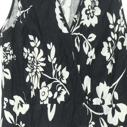 Mia Moda Womens Black Floral Linen Shift Size 14 V-Neck Zip