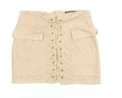 Misspap Womens Beige Polyester Mini Skirt Size M Zip - Lace Up Detail