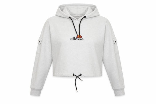 Front view of Ellesse women’s grey cotton pullover hoodie, size UK 16