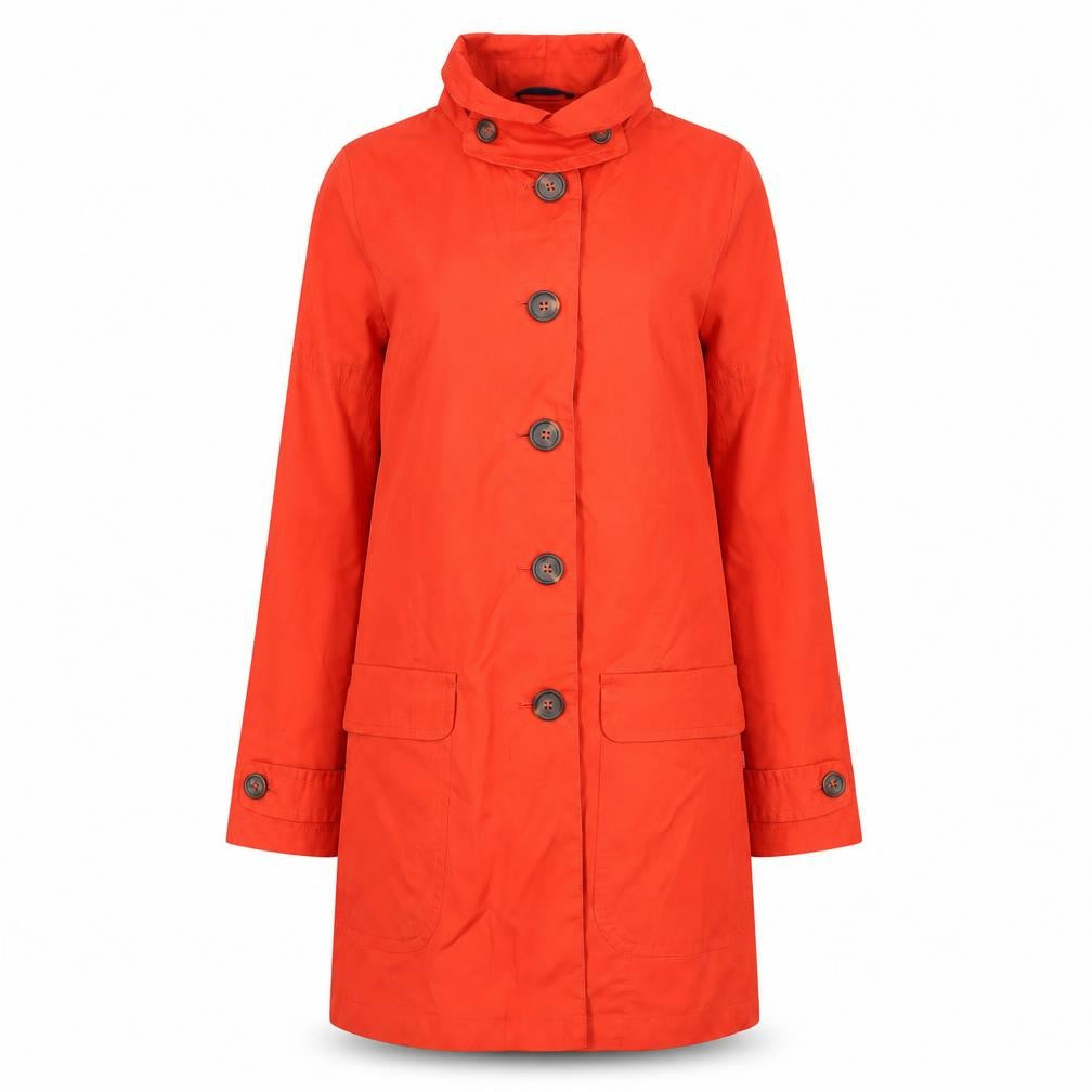 Front view of Vackpoy women’s orange trench coat coat, size M, button