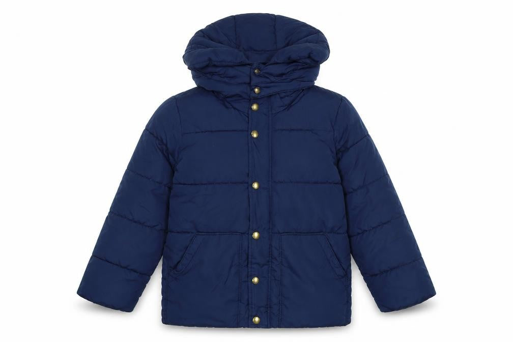 Front view of Gap boys’ blue puffer jacket coat, size M, zip