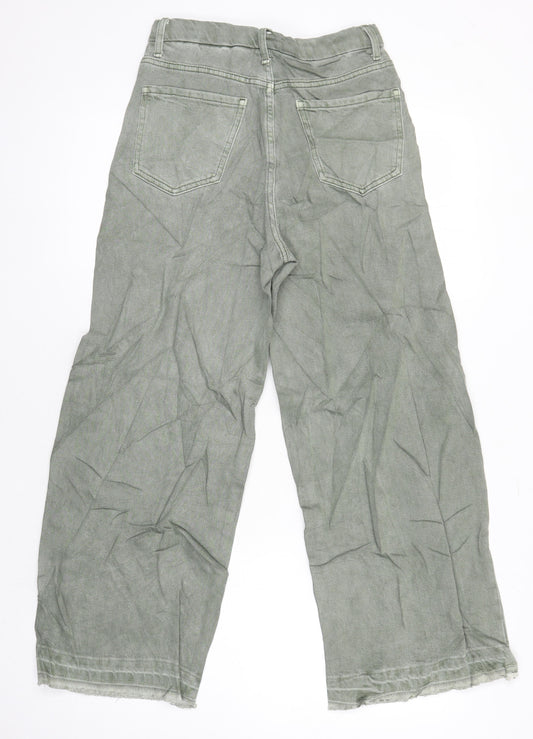 M&S Womens Green Herringbone Cotton Wide-Leg Jeans Size 6 L25 in Regular