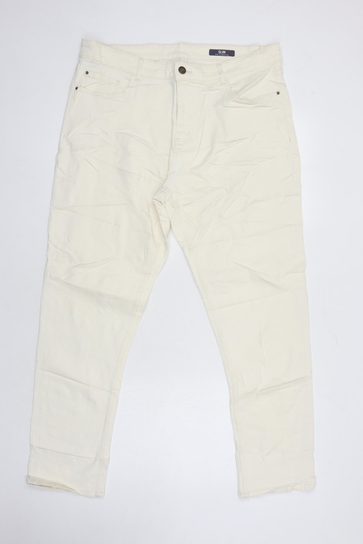 M&S Womens Ivory Herringbone Cotton Tapered Jeans Size 18 L28 in Regular