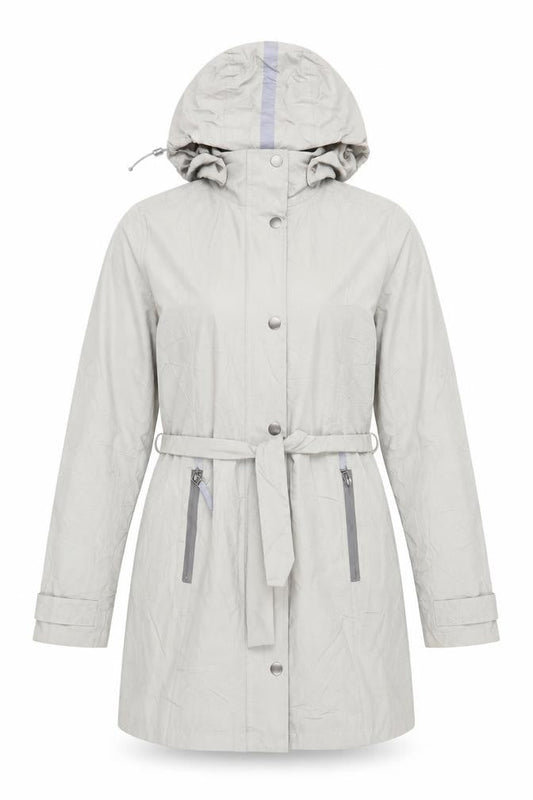 Front view of Etage women’s grey rain coat coat, size S, zip - water resistant hooded