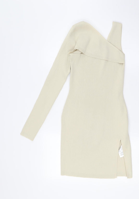 PRETTYLITTLETHING Womens Ivory Polyester Pencil Dress Size M One Shoulder