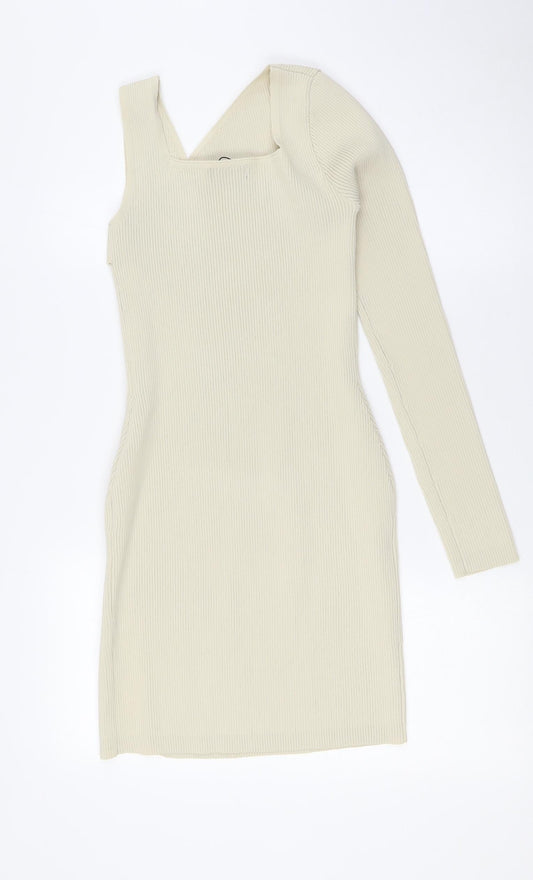 PRETTYLITTLETHING Womens Ivory Polyester Pencil Dress Size M One Shoulder