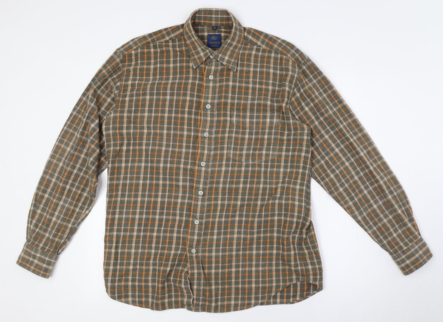 Crewfield Mens Green Check Cotton Button-Up Size M Collared Button