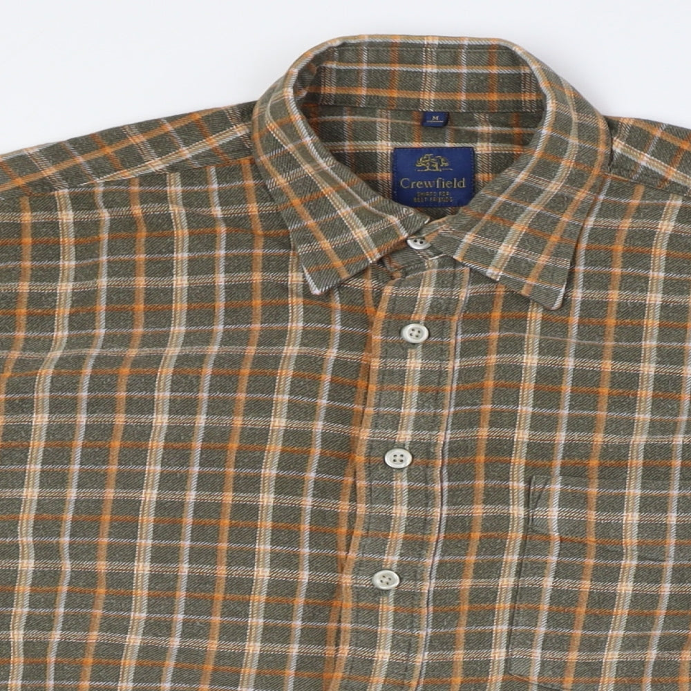 Crewfield Mens Green Check Cotton Button-Up Size M Collared Button