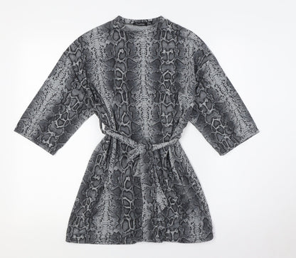 Boohoo Womens Grey Animal Print Polyester A-Line Size 8 Crew Neck - With Belt
