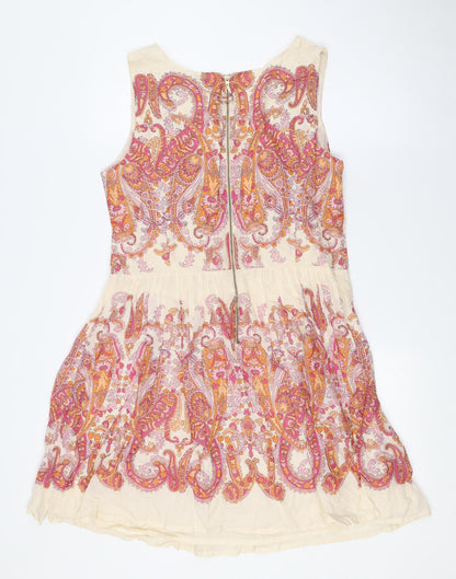 Oasis Womens Multicoloured Cotton A-Line Size 14 V-Neck Zip - Embellished Waist and Shoulders
