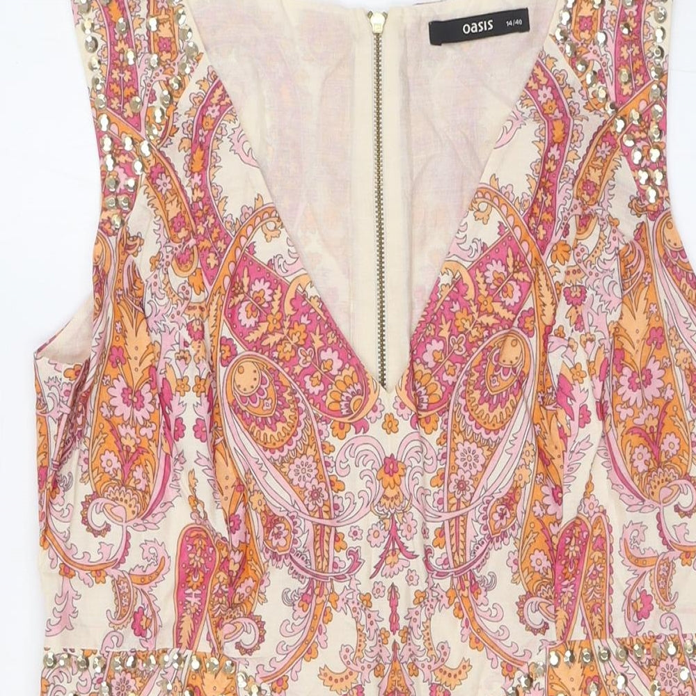 Oasis Womens Multicoloured Cotton A-Line Size 14 V-Neck Zip - Embellished Waist and Shoulders