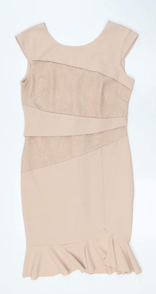 Lipsy Womens Pink Polyester Pencil Dress Size 14 Round Neck Zip - Lace Panels