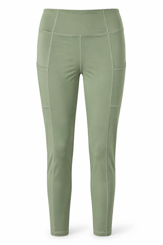 Front view of Missguided women’s green polyester capri leggings, size UK 8, 28-inch leg - pockets